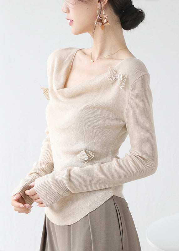 Haut en tricot ajusté à motif papillon abricot hiver RV022