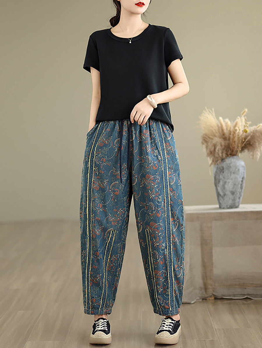 Pantalon en denim patchwork sarouel femme rétro fleuri