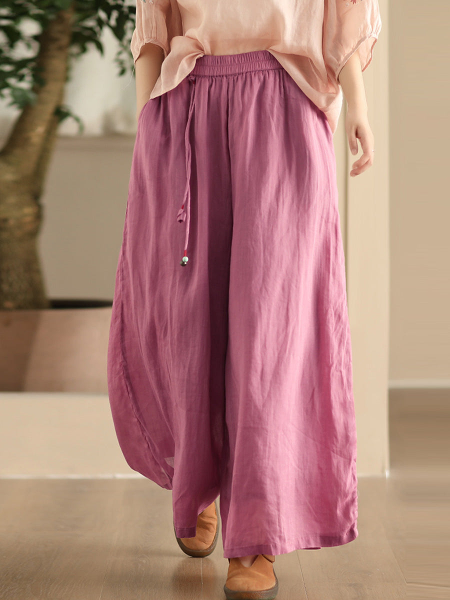 Pantalon d'été en ramie à jambe large et double épaisseur pour femme FD049