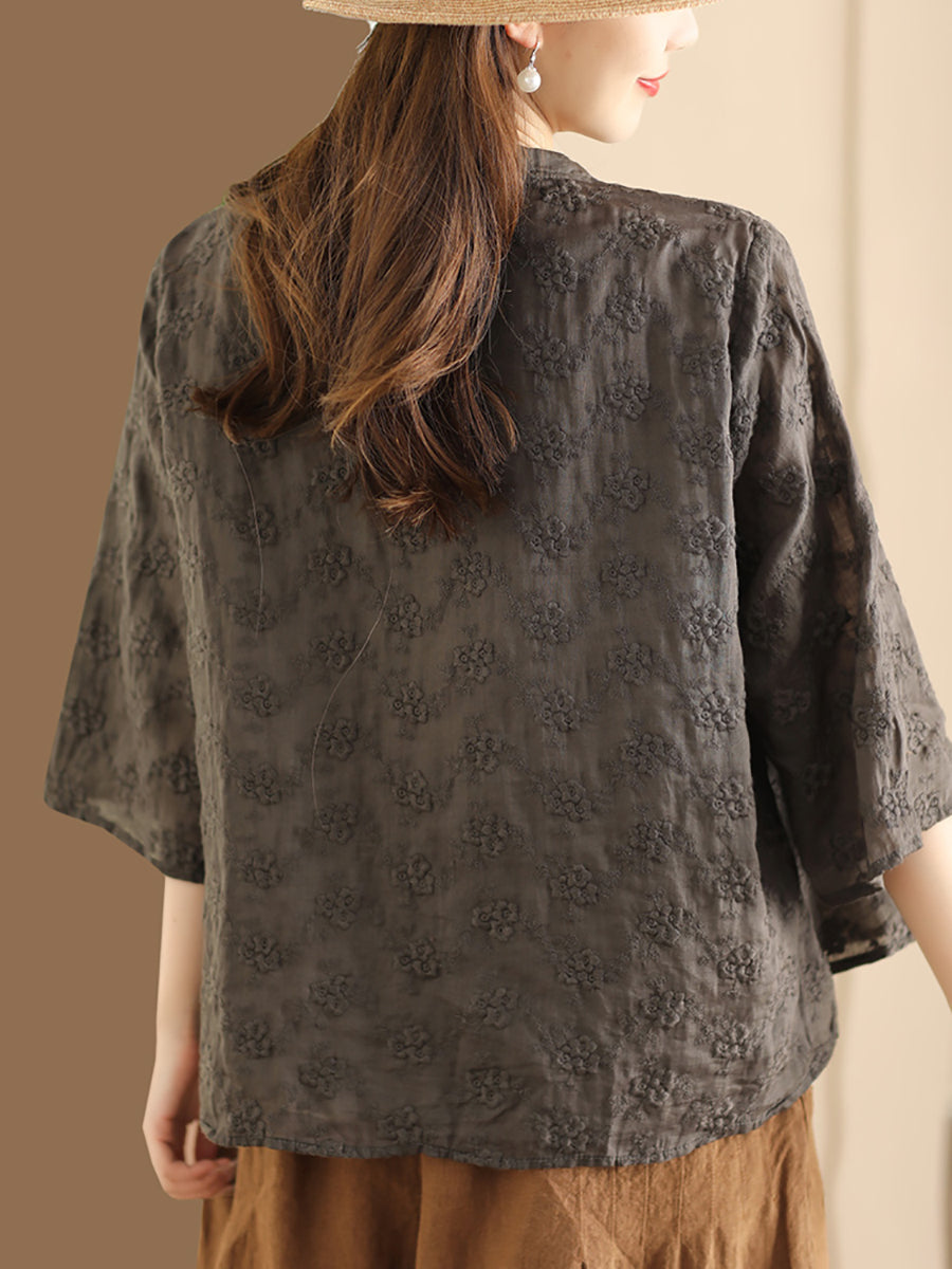 Damen Bluse aus Ramie mit Jacquard-Knopfleiste und ethnischen Blumen SC1023