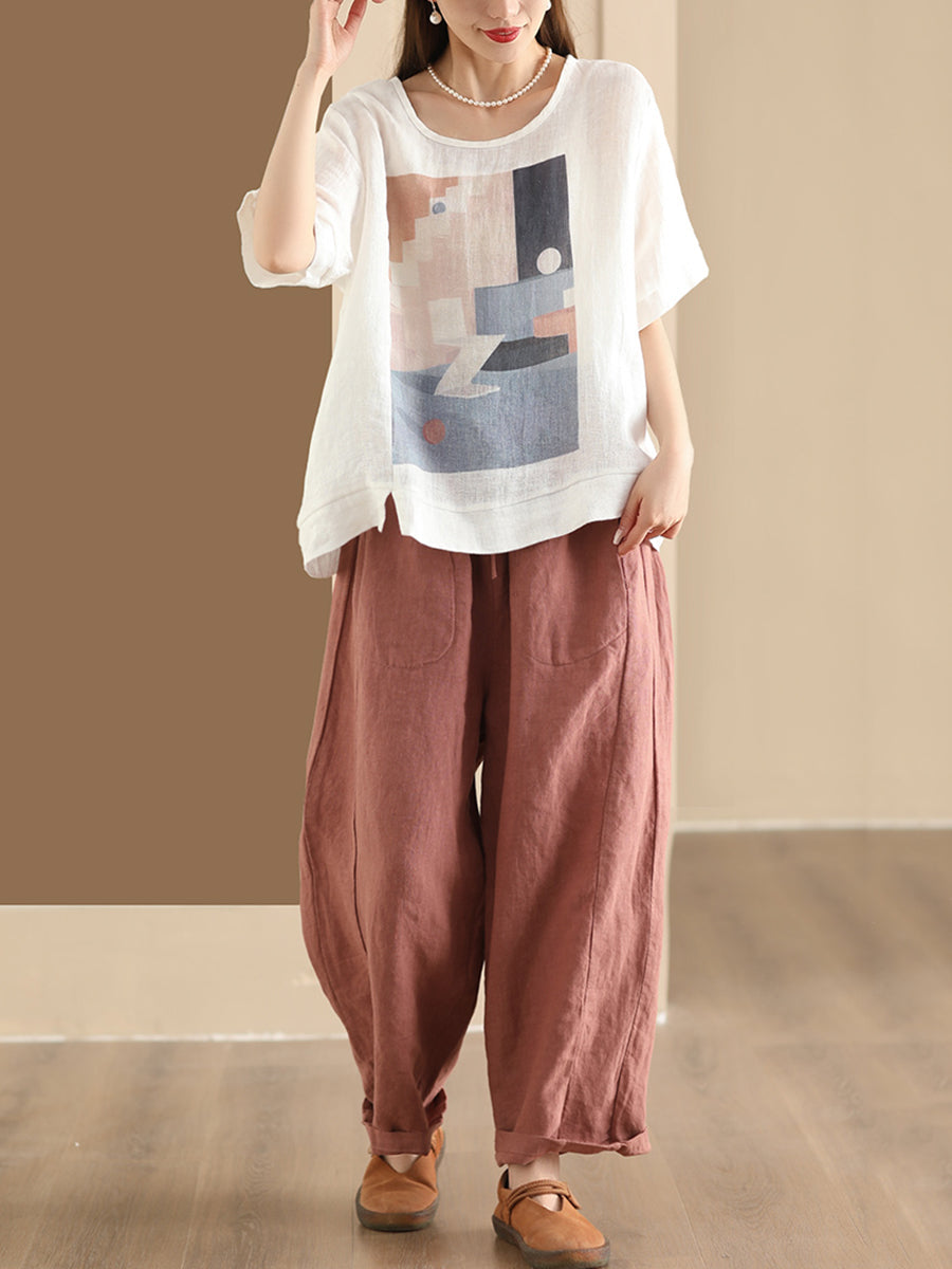 Women Casual Summer Print O-Neck Linen Shirt WE1028