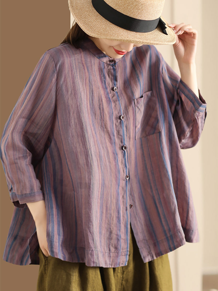 Damen Frühling Vintage Streifen Button-Up Bluse CO1007