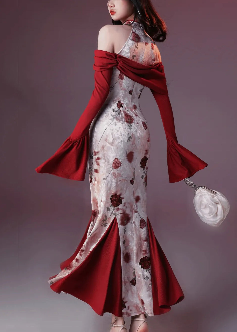 Samtdruck Patchwork Fishtail Chic Seide Rot Flare Kleider