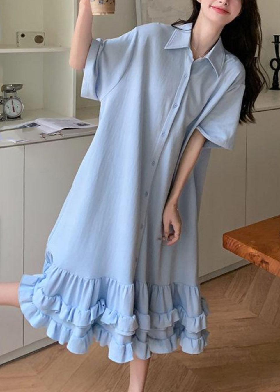 Kragen Kurzes Patchworkkleid Peter Maxi Rüschen Blau Damen Pan