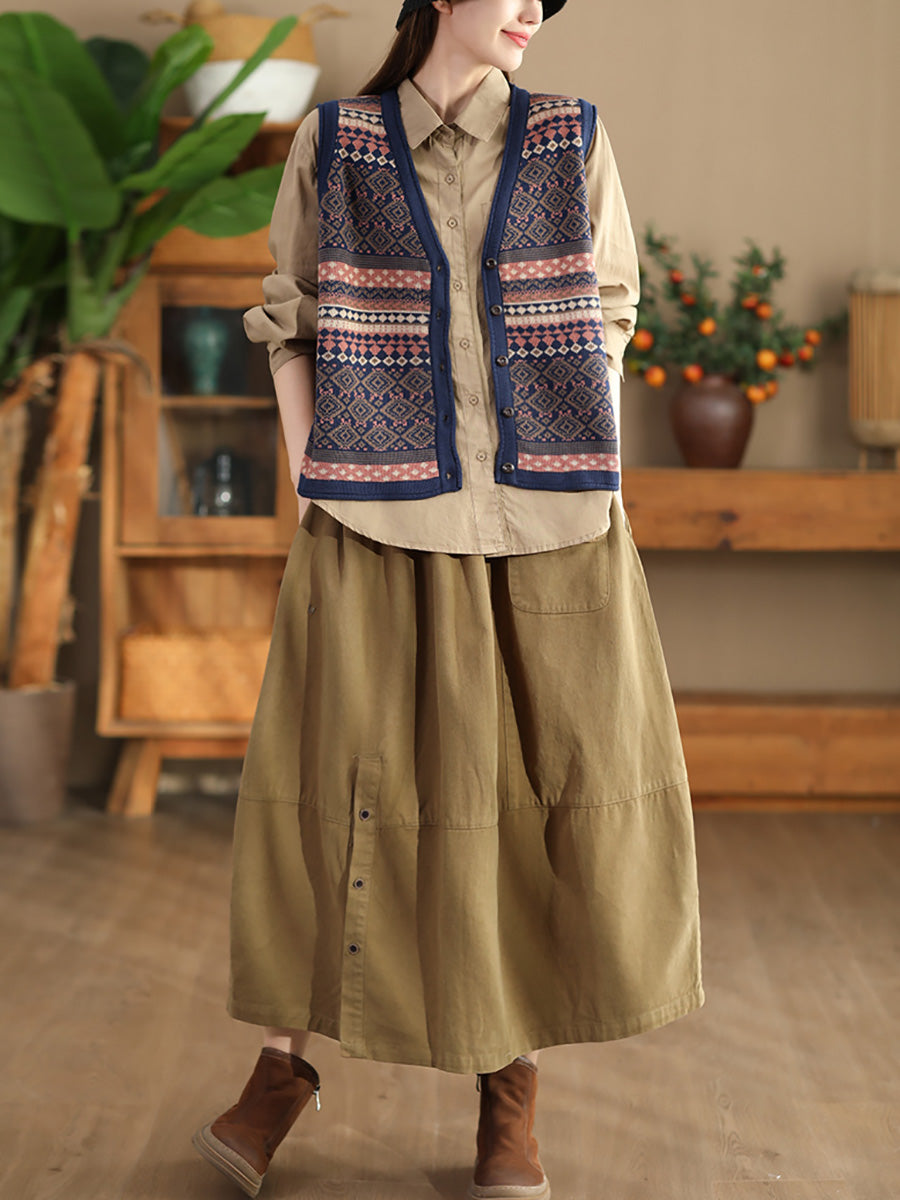Gilet en coton à rayures ethniques et col en V pour femme BA1048
