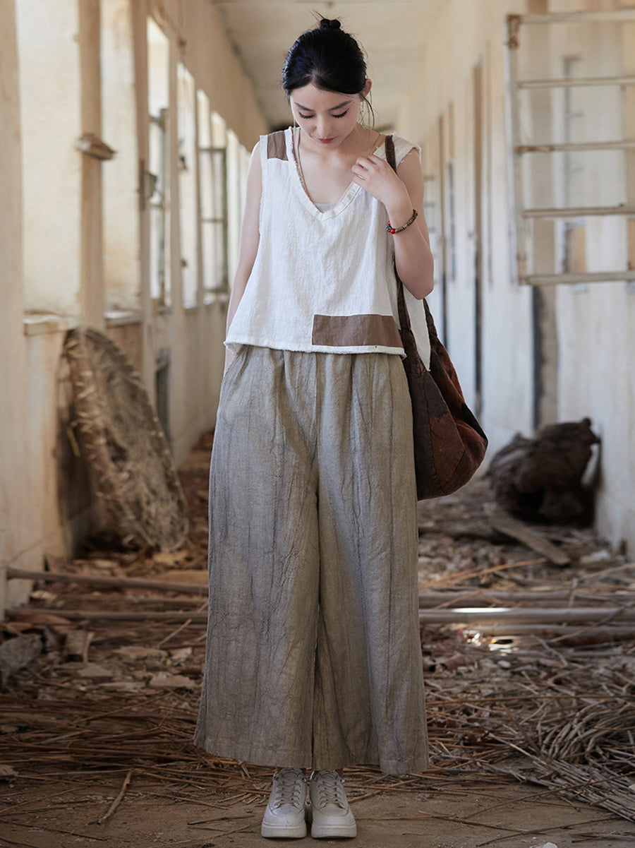 Damen Vintage Sommer Batik Ramie Hose mit weitem Bein IO1009