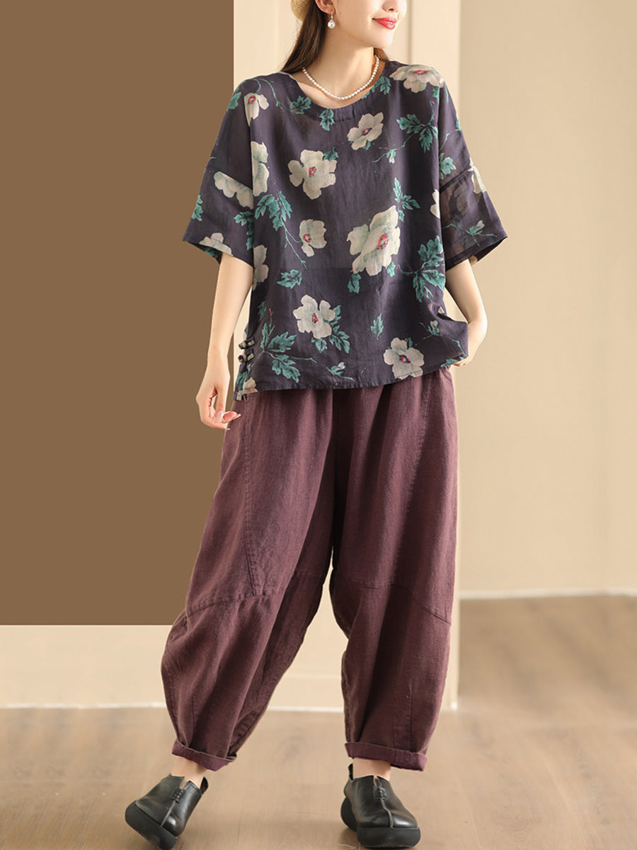 Damen Artsy Floral Sommer Ramie Pullover Shirt KL1016