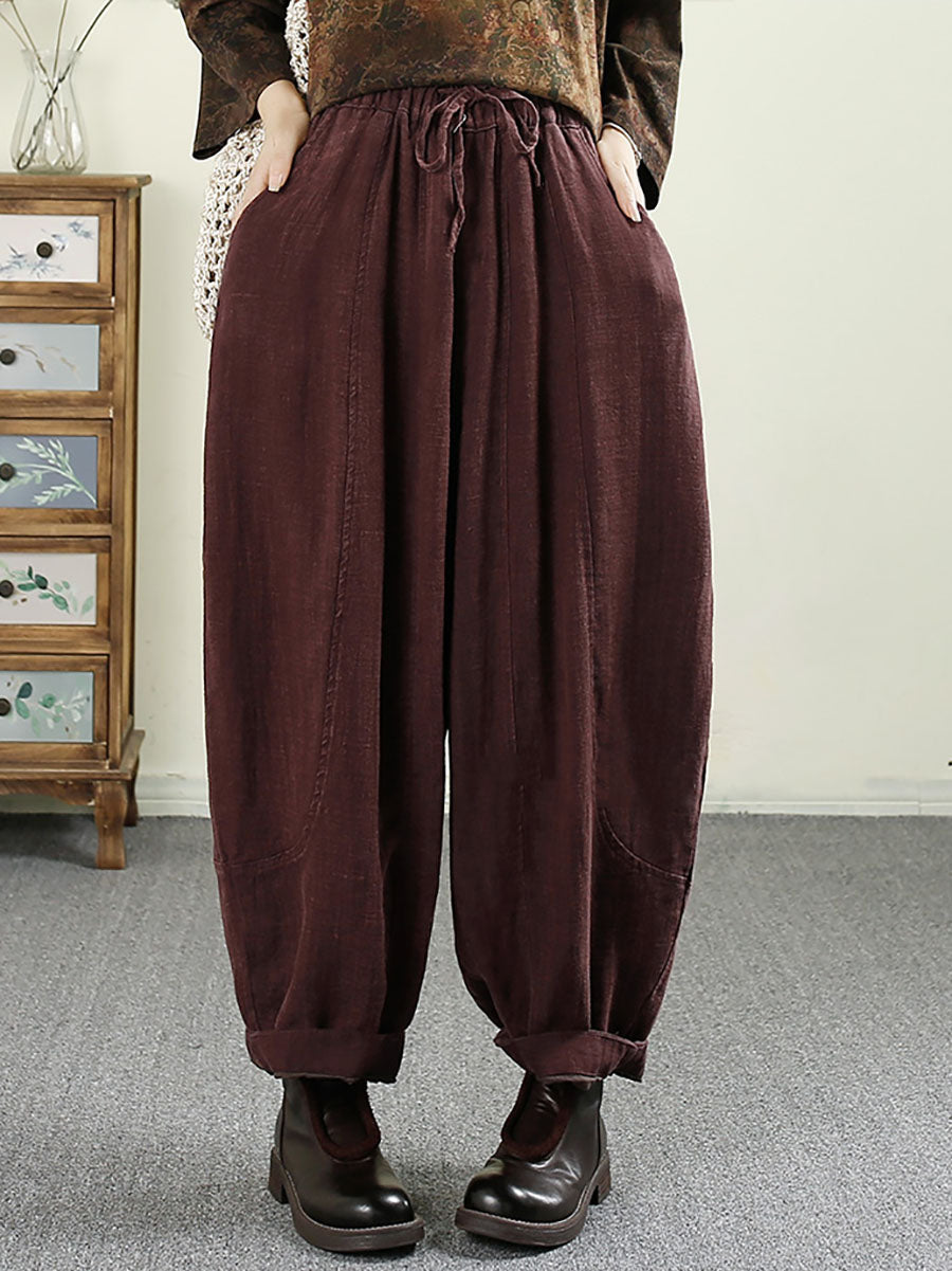 Pantalon sarouel en lin uni à poches vintage pour femme, automne AV1031