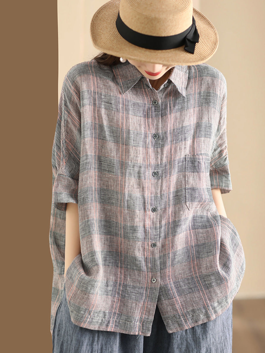 Damen Retro Sommer Karierte Leinen Bluse mit Knopfleiste CO1006