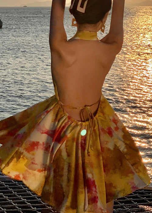 Robe en mousseline de soie jaune, mini imprimé, élégante, en dentelle, dos nu