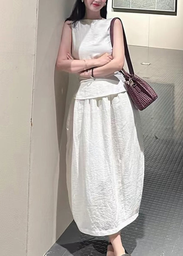 Casual Grey O-Neck Top And Maxi Skirts Two Pieces Set Summer AJ1036