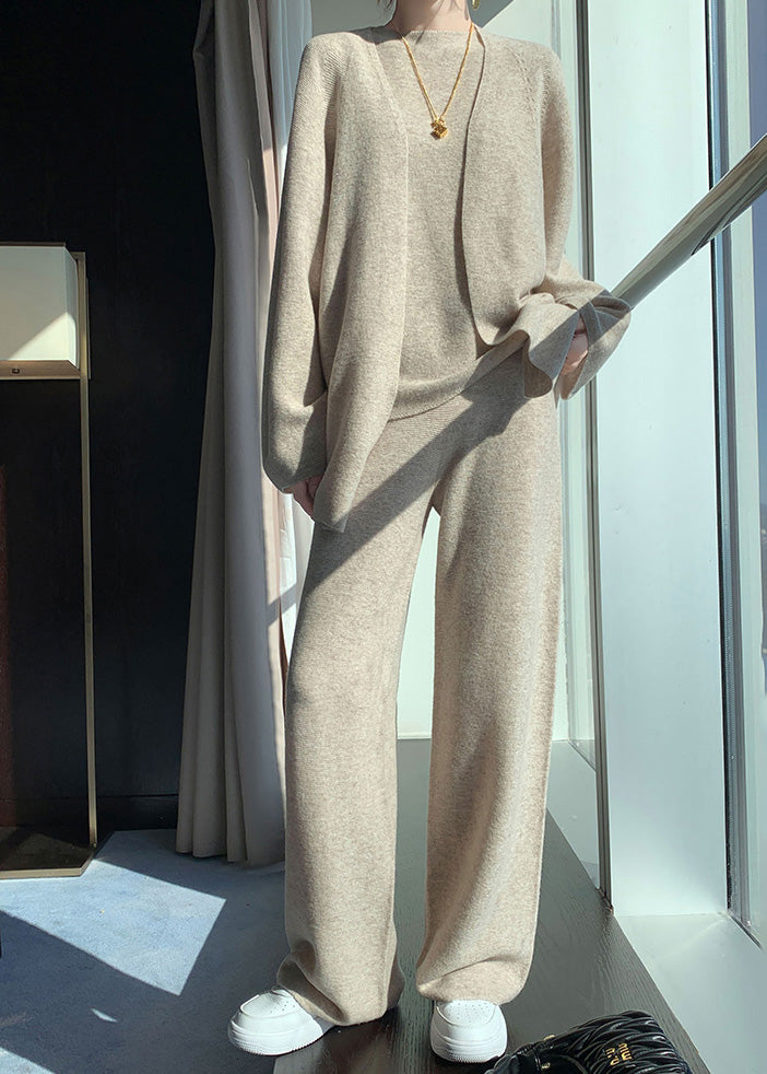 Ensemble trois pièces en laine camel clair naturel, col en V, gilet et pantalon large, automne WV030