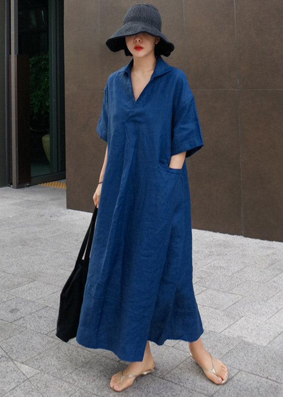 Faltenkleid mit offenen Ärmeln, seitlich, kurz, Leinen, Blau