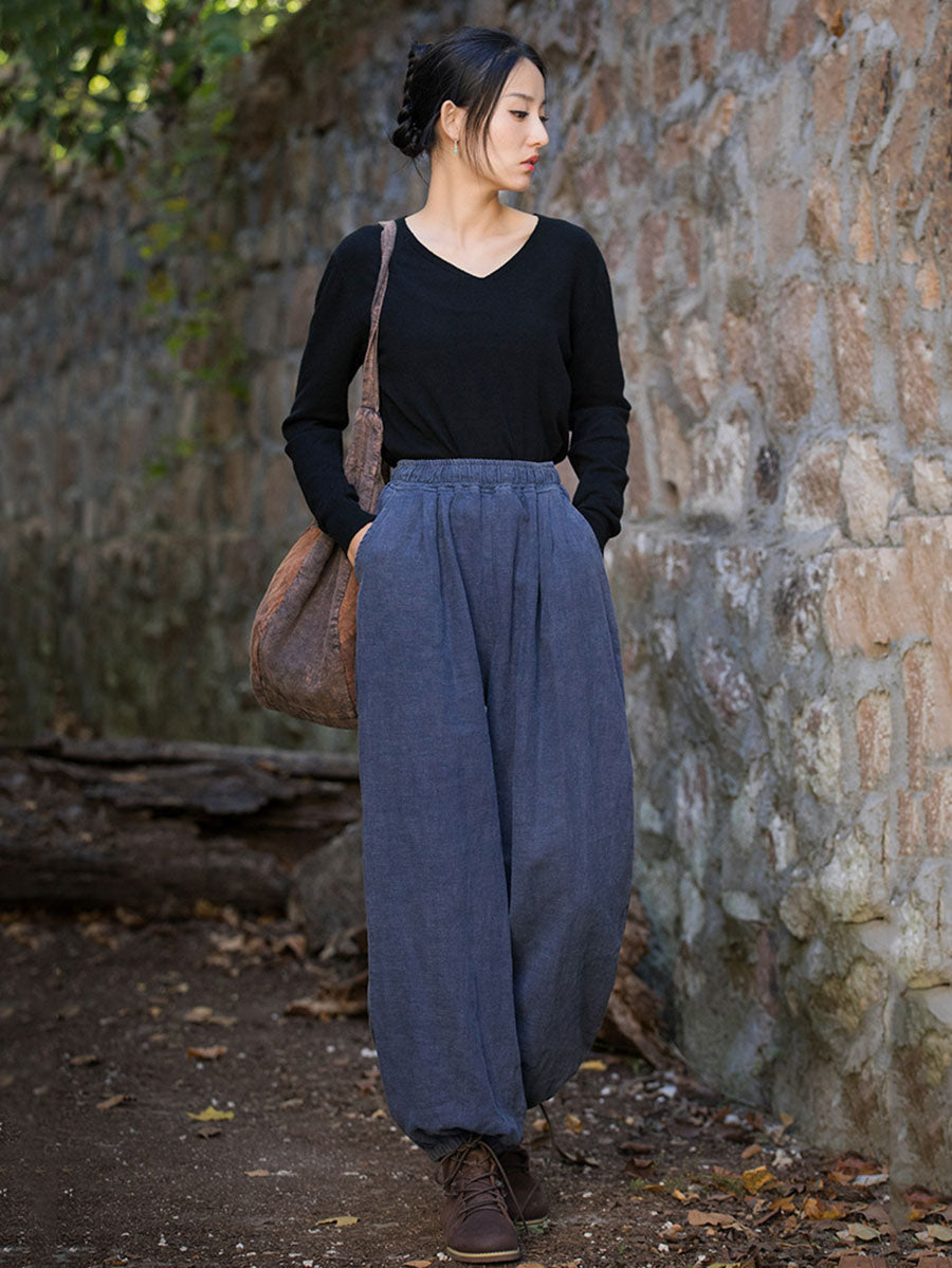 Pantalon ample à revers en ramie pour femme, style vintage, automne, couleur unie, AT1013
