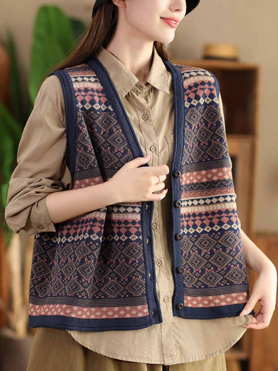 Gilet en coton à rayures ethniques et col en V pour femme BA1048