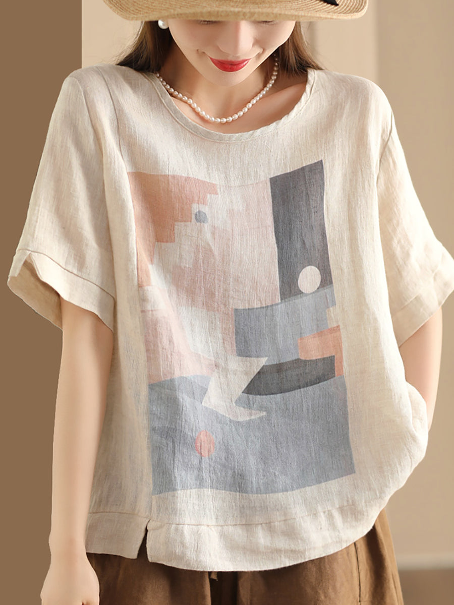 Women Casual Summer Print O-Neck Linen Shirt WE1028