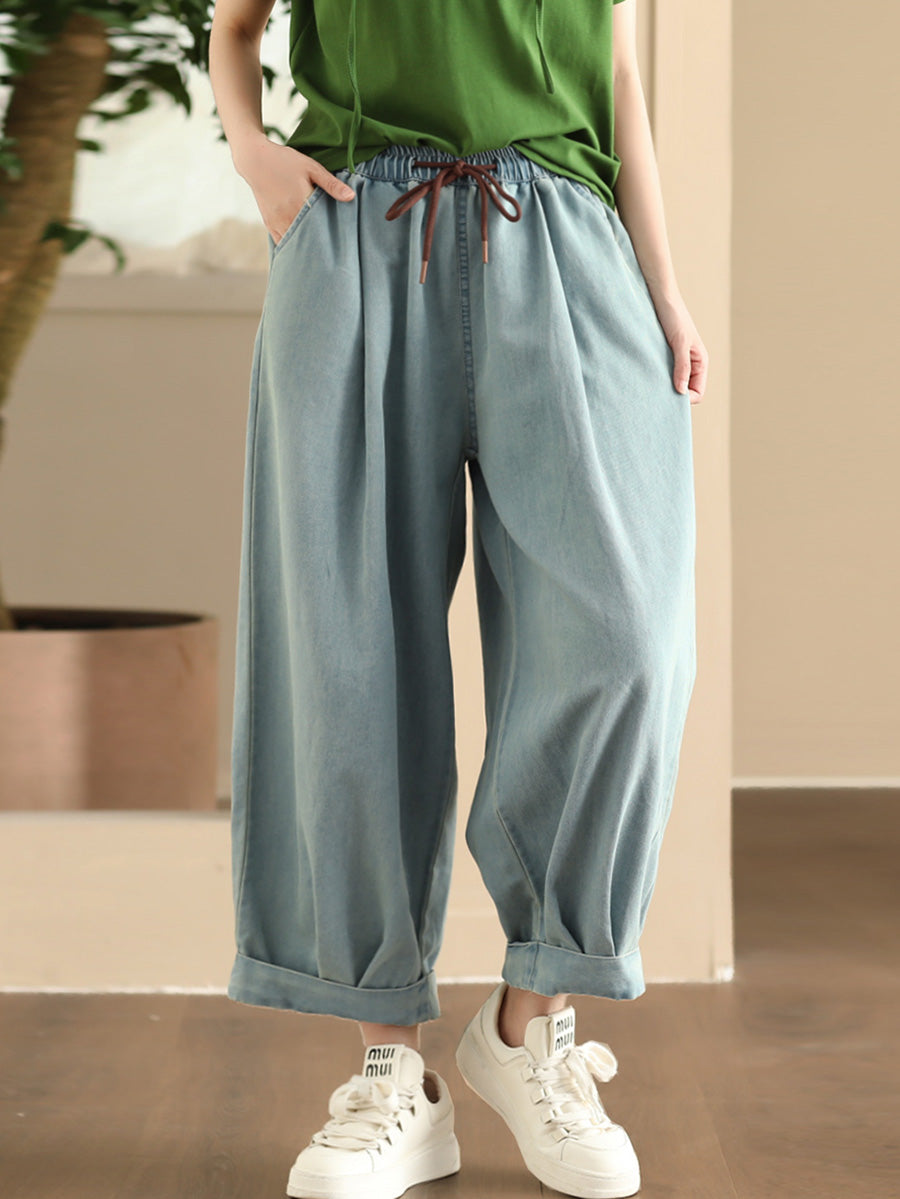 Pantalon sarouel ample en denim uni décontracté pour femme FD003