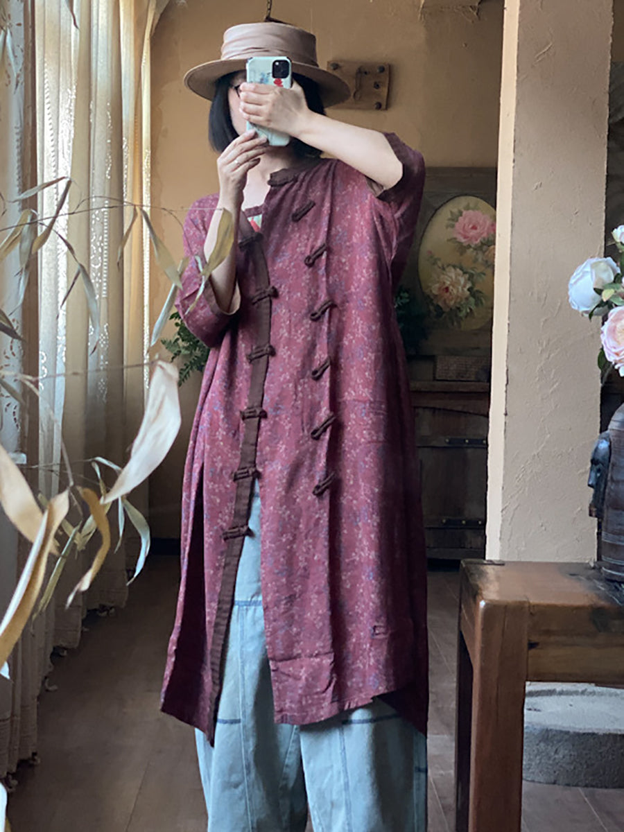 Women Vintage Floral Colorblock Button-up Long Shirt Dress KL1034