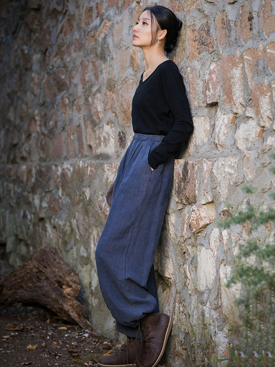 Pantalon ample à revers en ramie pour femme, style vintage, automne, couleur unie, AT1013