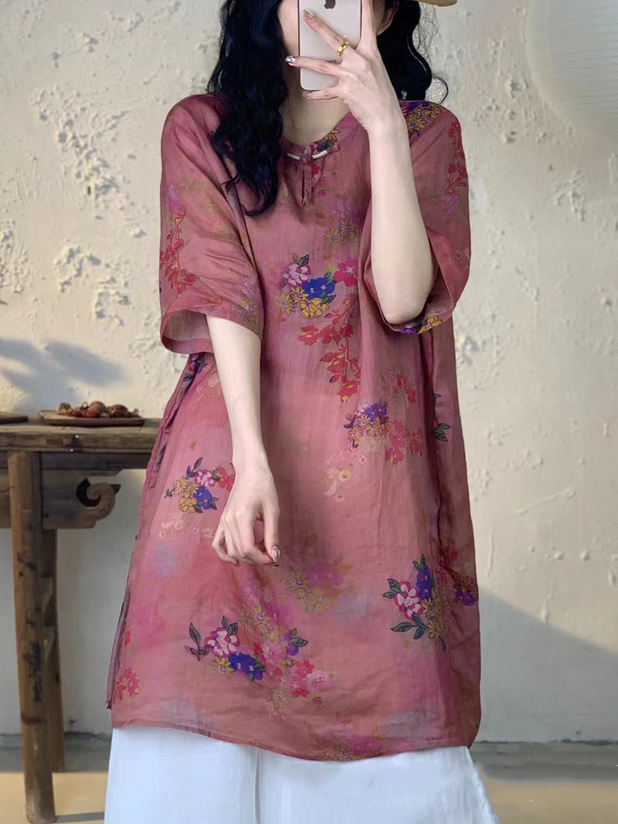 Frauen Sommer Vintage Blume Lange Ramie Shirt PA1013