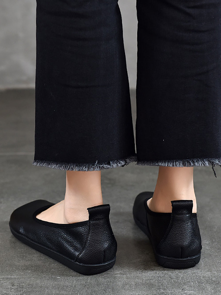 Women Summer Vintage Soft Leather Colorblock Flat Shoes RR1021