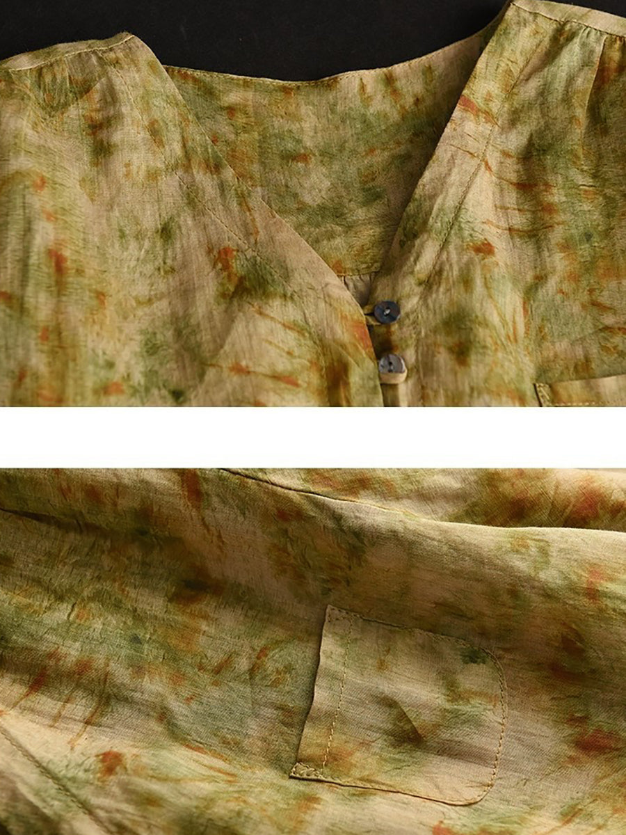 Women Vintage Floral Summer Button-Up Ramie Shirt XX1042