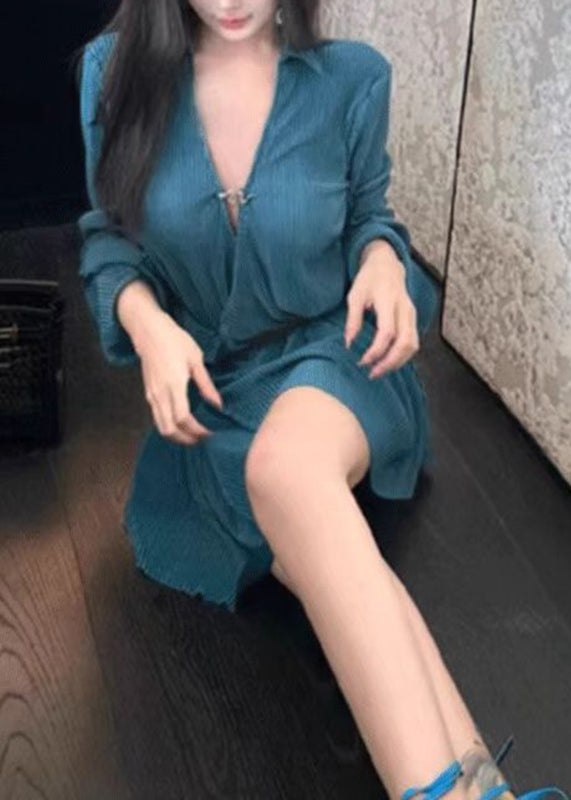 Robe de soirée mi-longue à manches longues et col en V bleu coupe slim AN1014