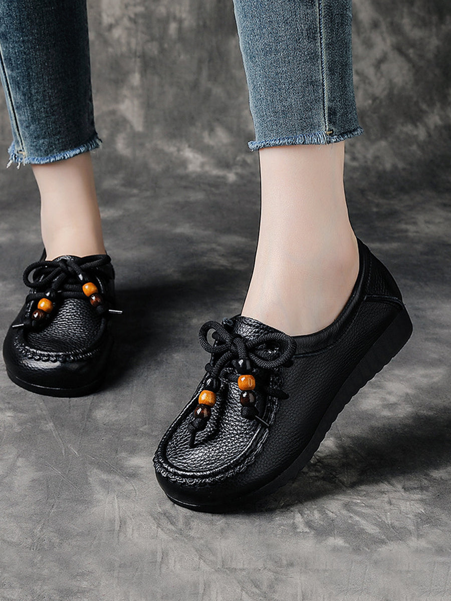 Leather Shoes Heel Women Soft Vintage Low