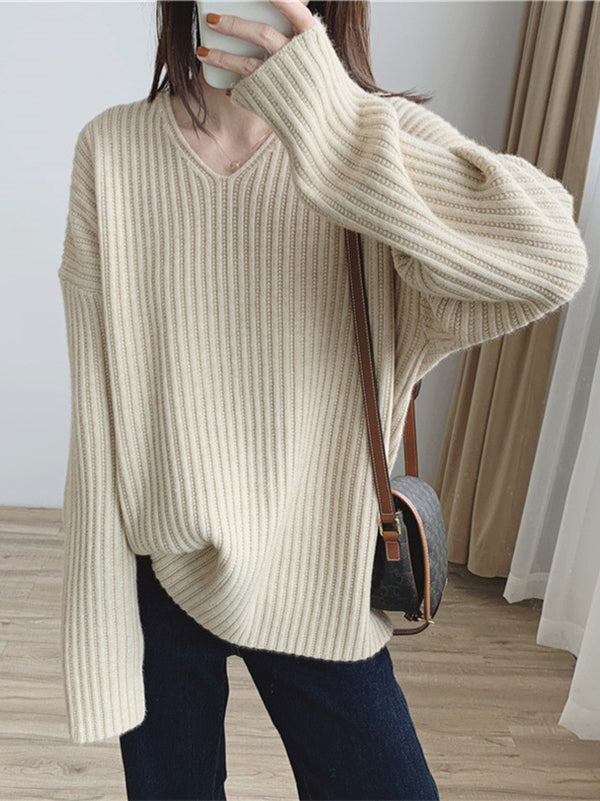 Vintage Karamell V-Ausschnitt Langarm Gestreifter Strickpullover QX001