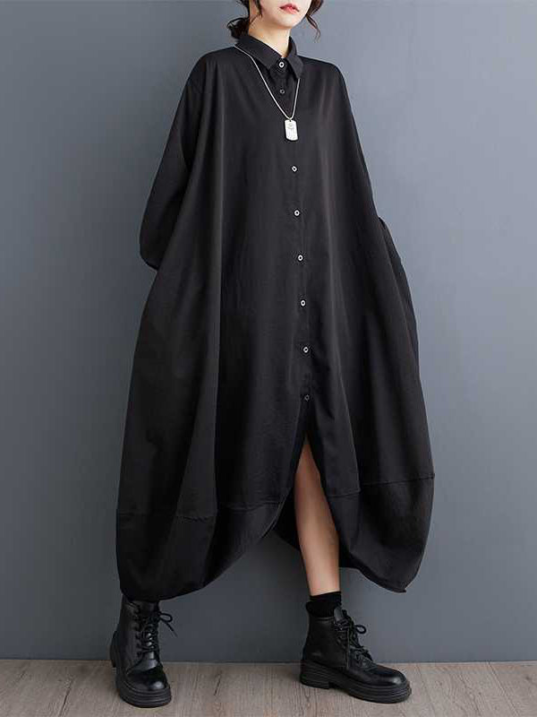 Stilvolles schwarzes A-Linien-Hemdkleid mit Revers, geknöpften Taschen, Blütenblattsaum und langen Ärmeln TW015
