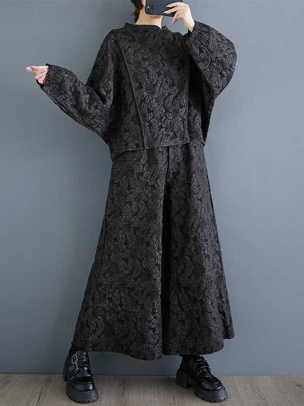 Edles schwarzes Jacquard-Set mit Raglanärmeln, Rundhalsausschnitt und weiten Hosenbeinen, Taschen in der Taille und Gummizug im Hosenbund WS014