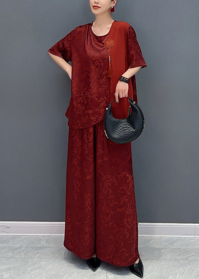 Ensemble deux pièces haut en soie à pampilles asymétriques en patchwork rouge jacquard et pantalon à jambe large à manches courtes AO1063