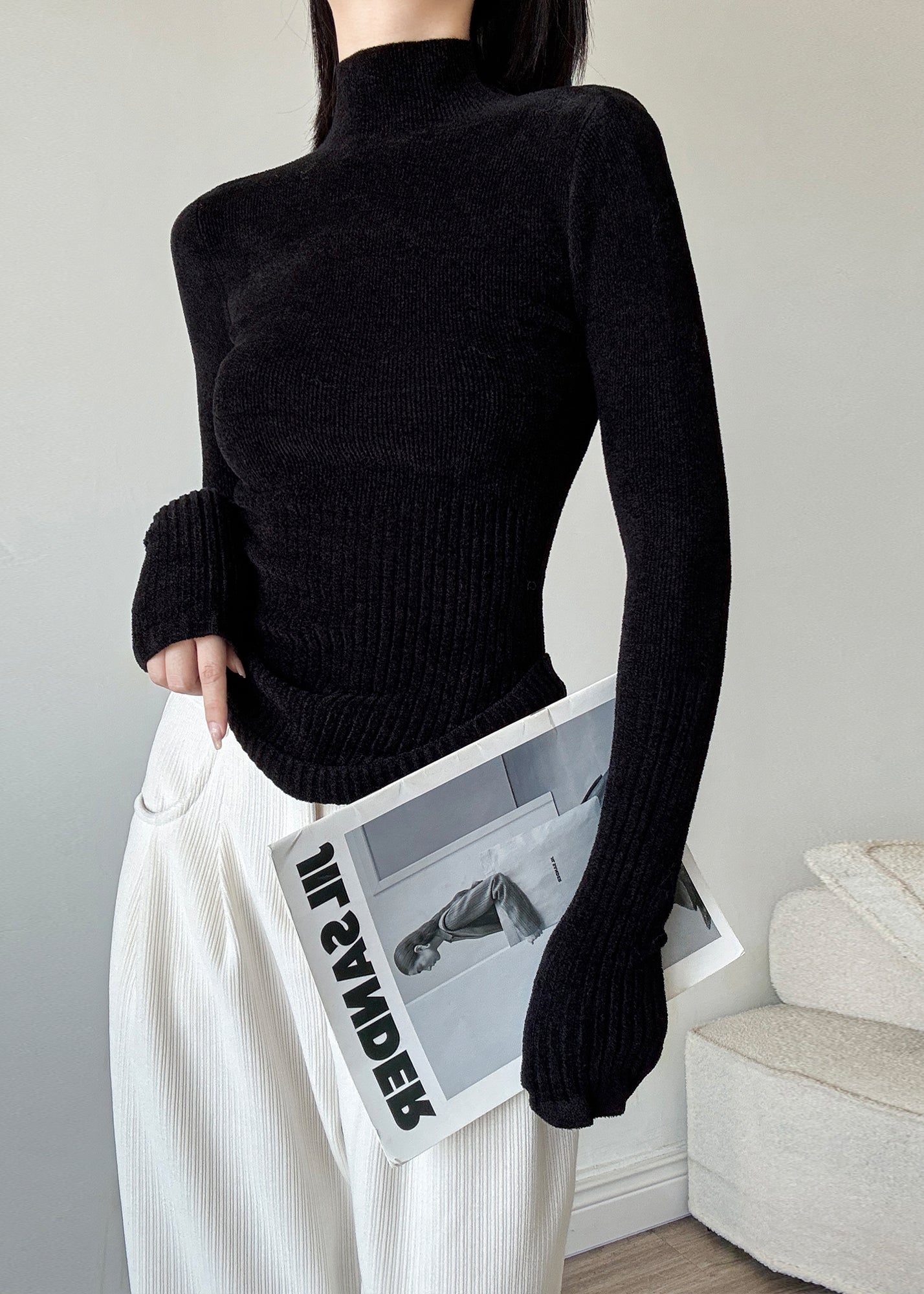 Slim Fit Brauner Patchwork-Strickpullover mit hohem Halsausschnitt, Winter, RV039