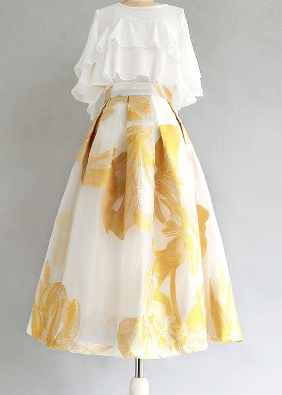 Jupe en tulle brodée patchwork froissée jaune pour femme Été AZ1038