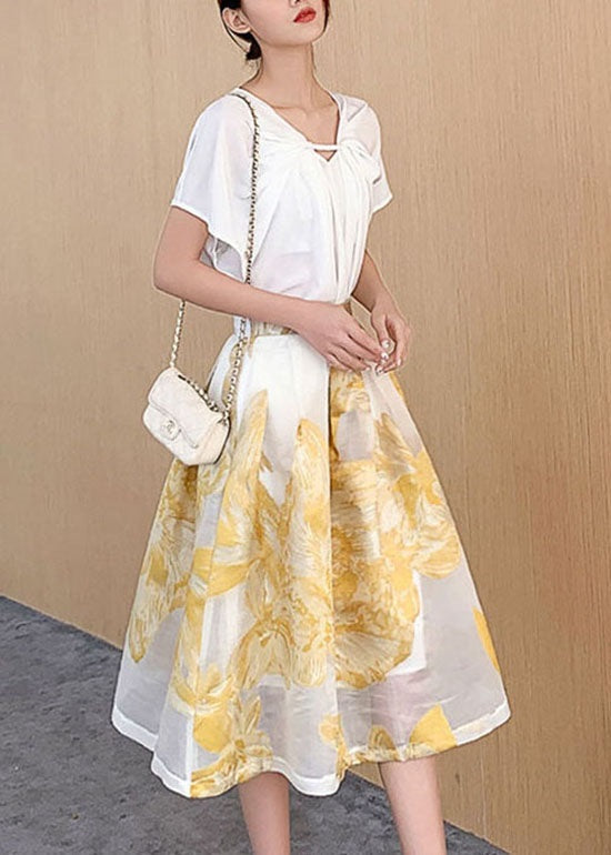 Jupe en tulle brodée patchwork froissée jaune pour femme Été AZ1038