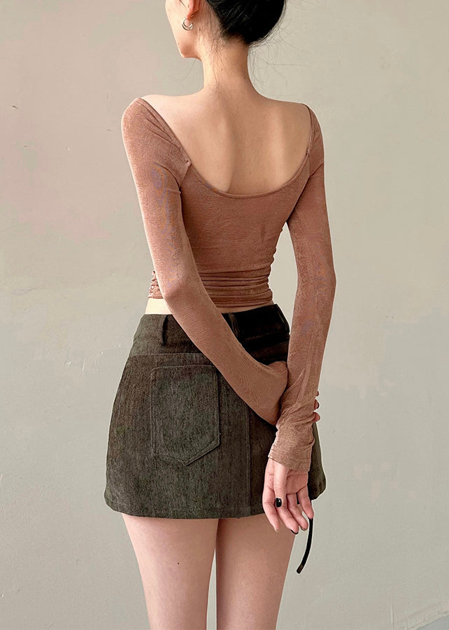 T-shirt ajusté froissé à col rond marron français Automne AN1003