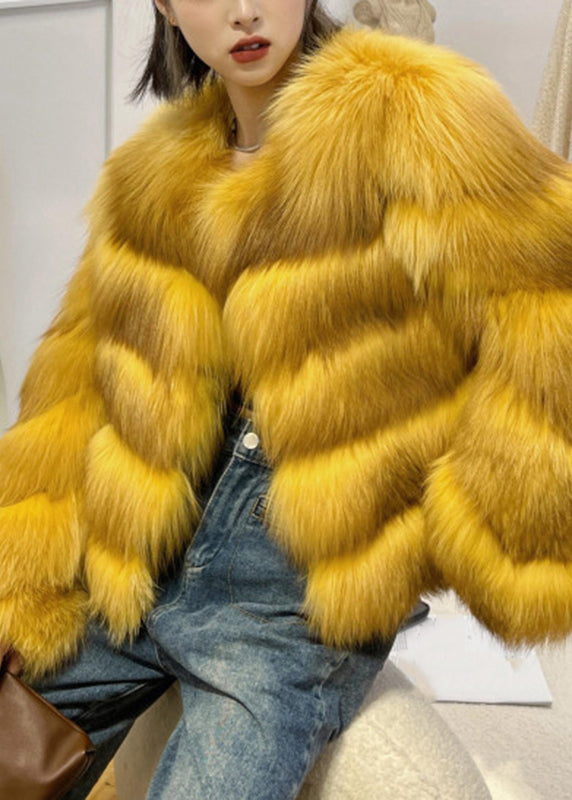 Manteaux élégants en cuir et fourrure de renard jaune pour l'hiver WV031