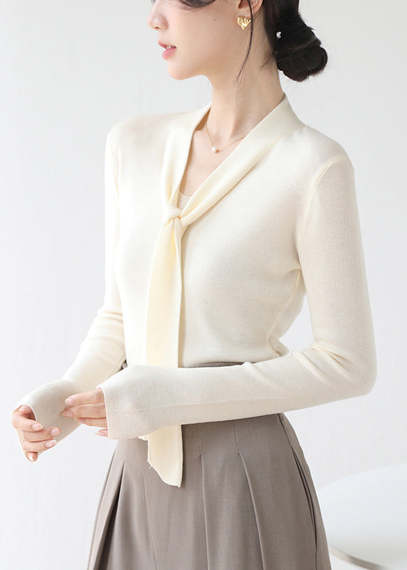 Pull en maille marron fin à col en V et lacets, automne-hiver RV030