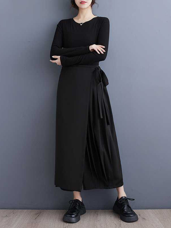 Pantalon élégant noir élastique taille haute asymétrique noué patchwork plissé neuvième pantalon WS015