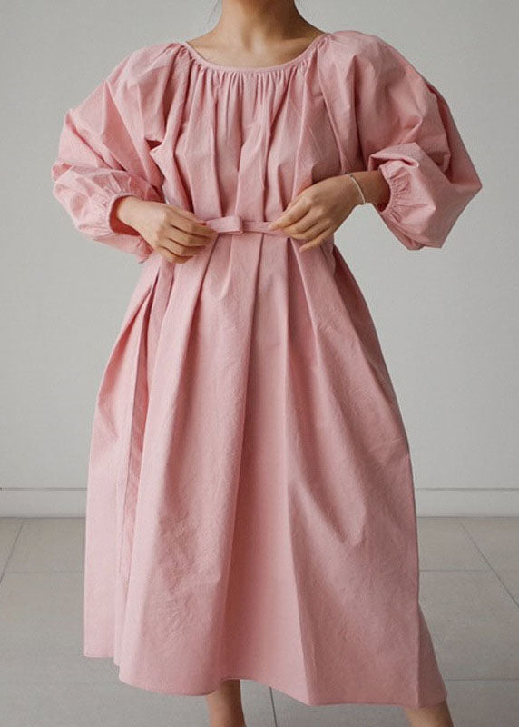 Kleid zerknittert O-Ausschnitt Rosa Maxi Viertel Drei Baumwolle Ärmel
