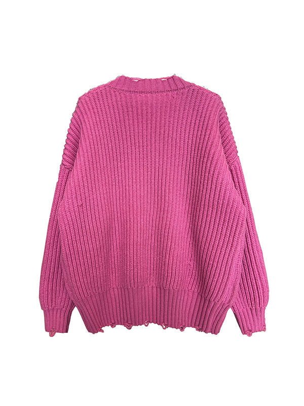 Pull en tricot à manches longues et col en V Urban Fuchsia AN1046