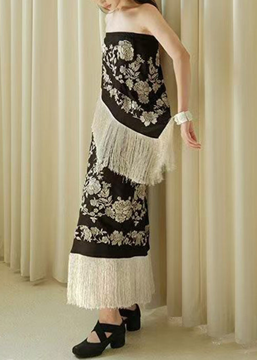 Schwarzes, ärmelloses, hochgeschlossenes, quastenbesetztes Patchwork-Kleid
