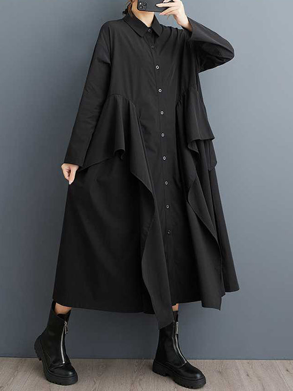 Einzigartiges schwarzes Langarmkleid mit geknöpftem Patchwork-Rüschenbesatz und Revers TW018