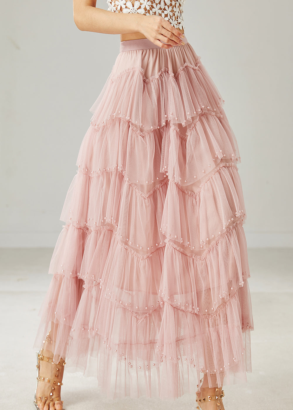 Jupe de plage en tulle superposée avec perles roses italiennes pour l'été AZ1040