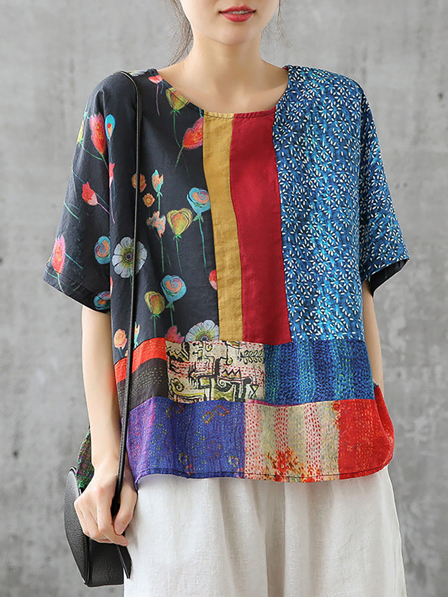 Plus Size Summer Printed Women Floral Loose Linen T-shirt QW1032