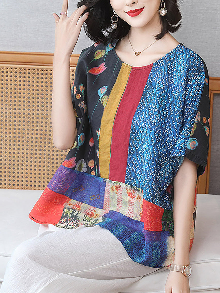 Plus Size Summer Printed Women Floral Loose Linen T-shirt QW1032