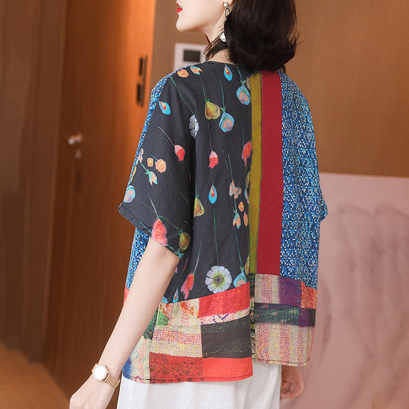 Plus Size Summer Printed Women Floral Loose Linen T-shirt QW1032
