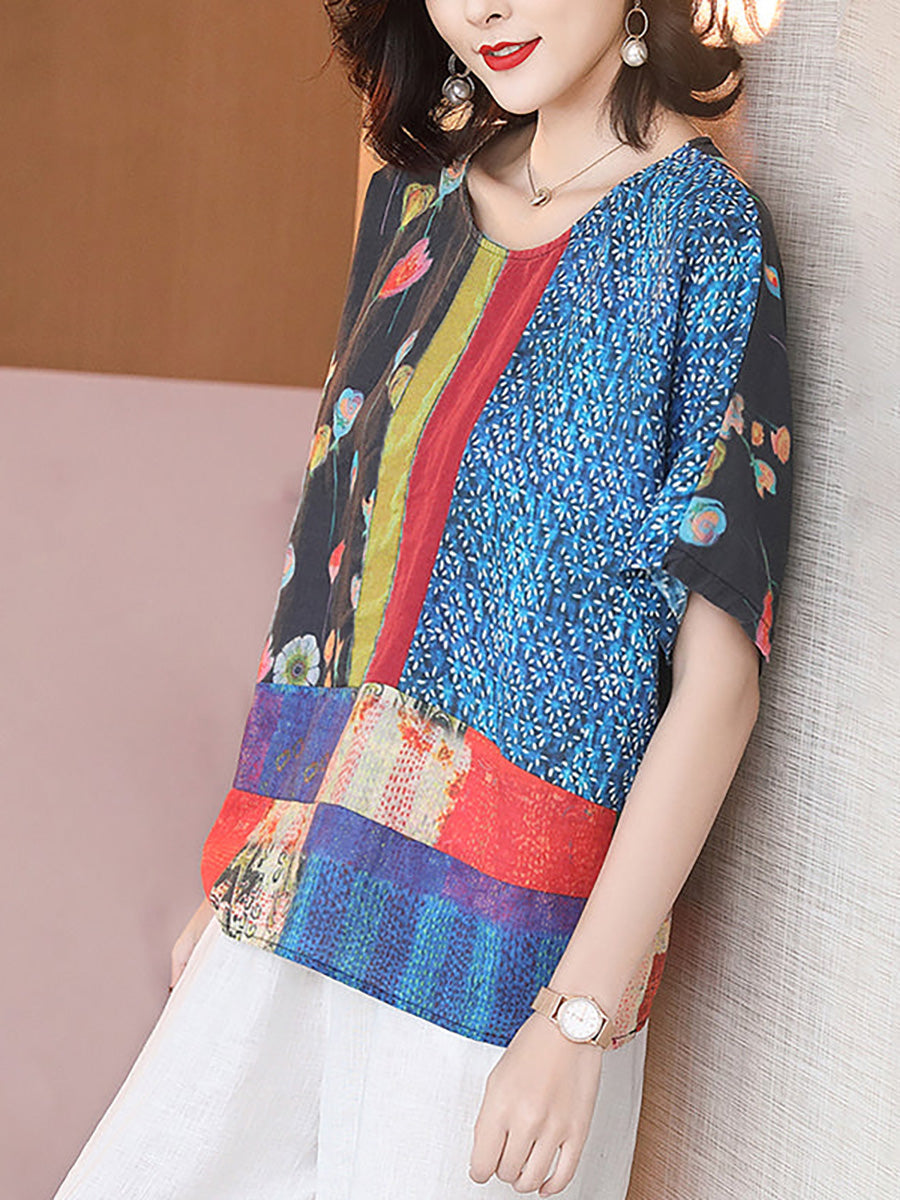 Plus Size Summer Printed Women Floral Loose Linen T-shirt QW1032