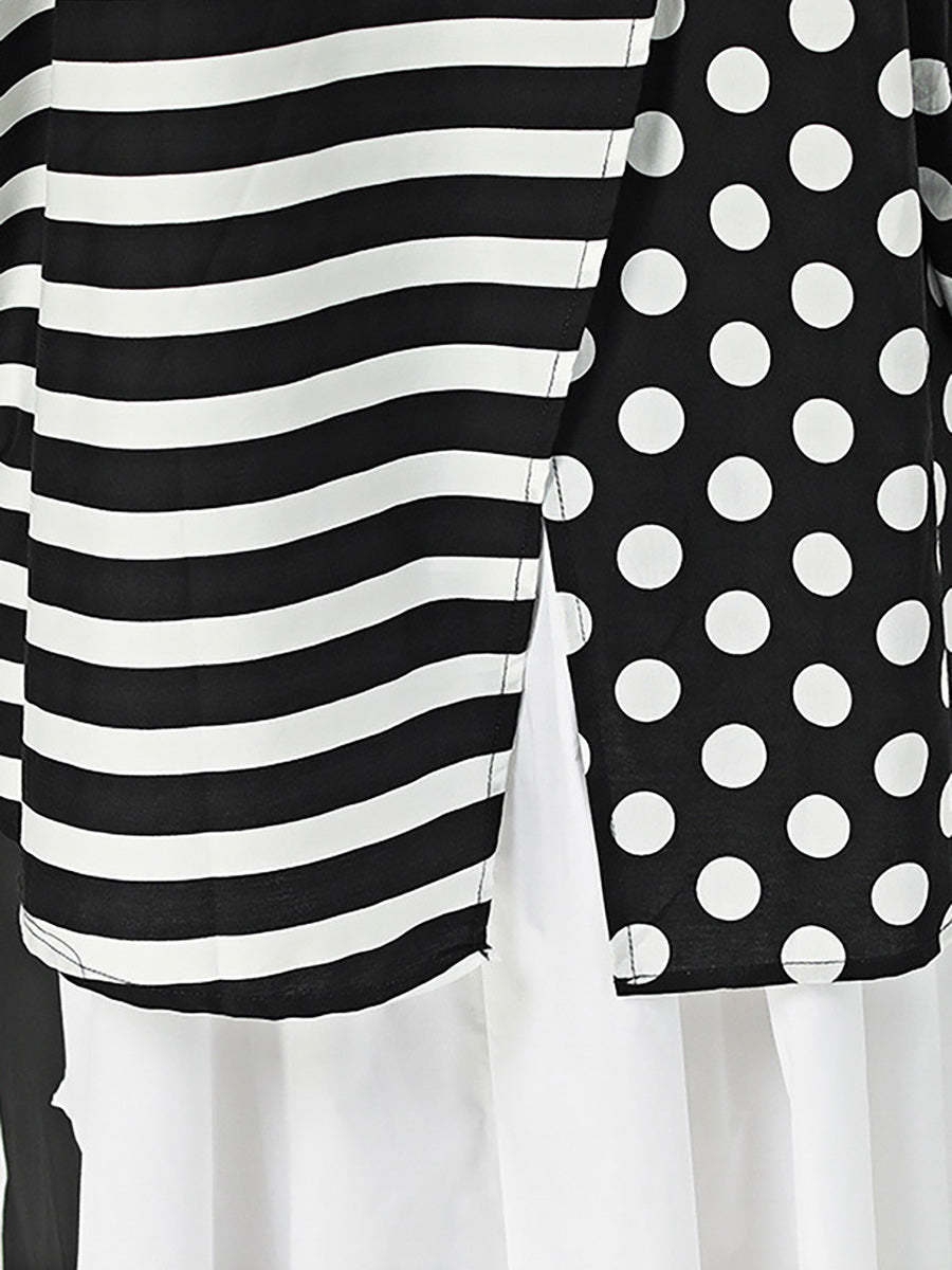 Plus Size Women Cotton Stripe Dot Loose Irregular Shirt AA1022