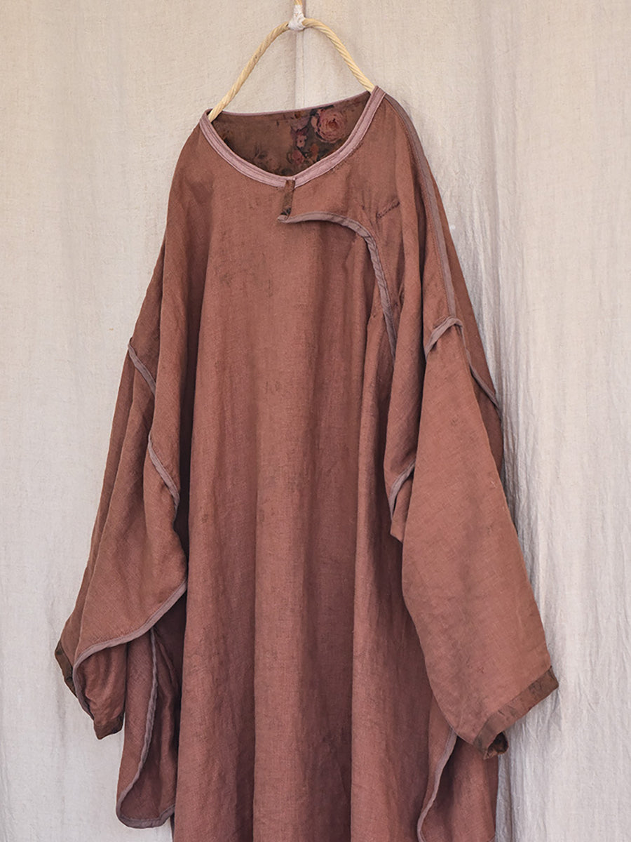 Plus Size Floral Herbst Vintage Leinen Damen Lockeres Kleid AI1082